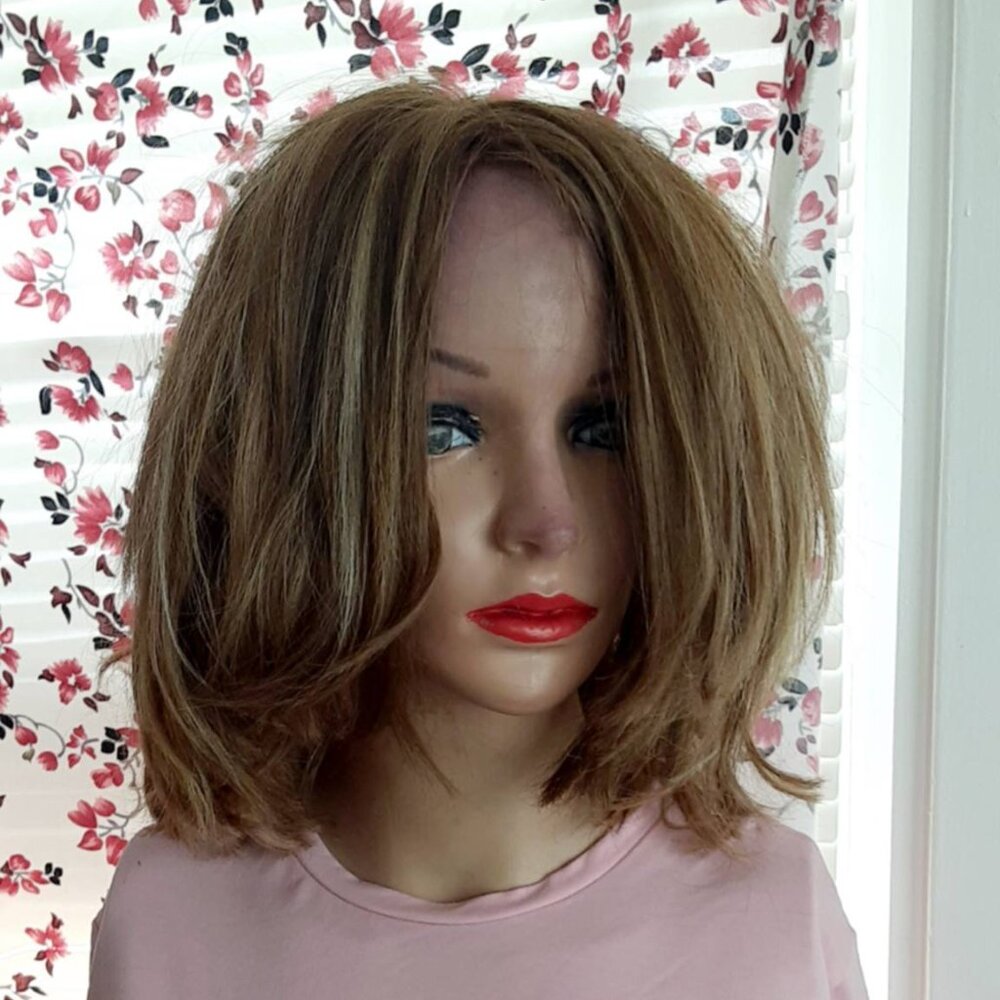 Honey blonde mix lace wig  12''heat friendly with human hair